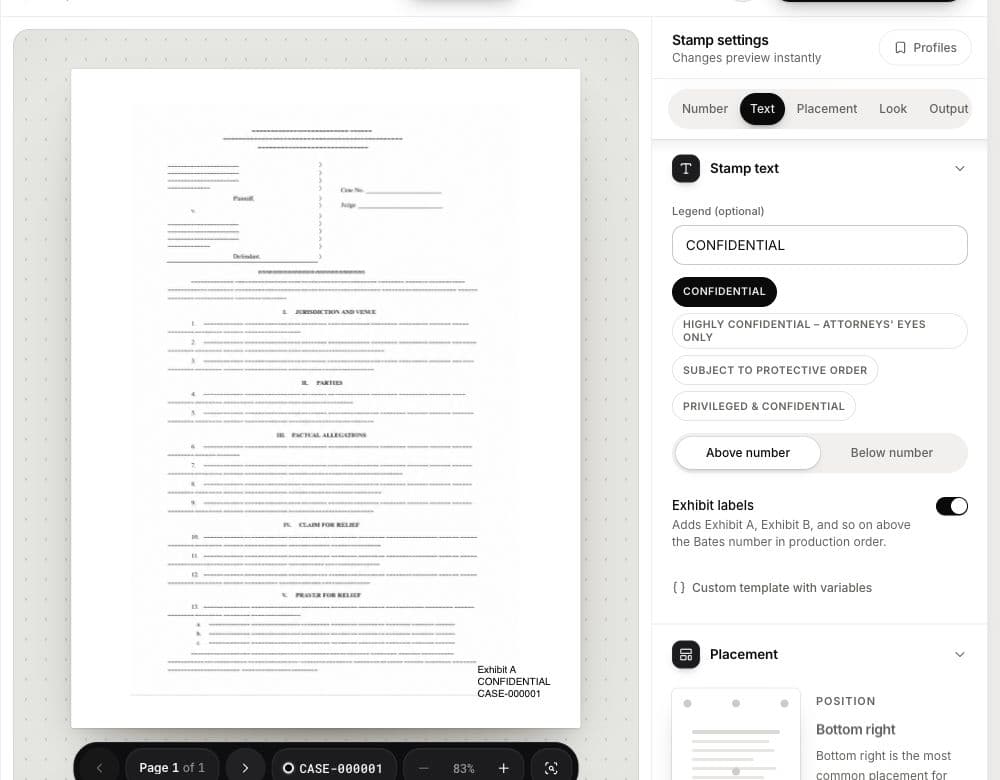 BatesFast live preview with an Exhibit A stamp, a Confidential legend, and one-click legal legend choices