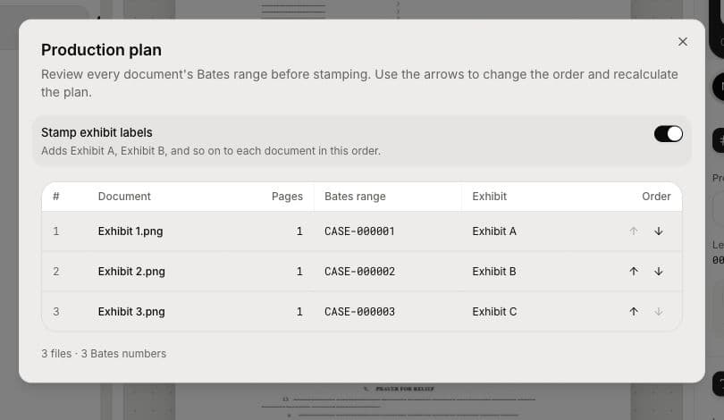 BatesFast production plan listing three exhibits, their Bates numbers, and controls to change document order