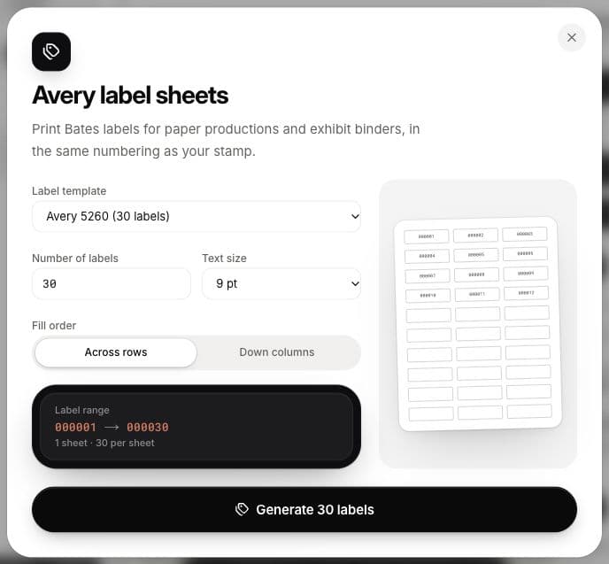BatesFast Avery label dialog showing template, count, fill direction and a numbered sheet preview