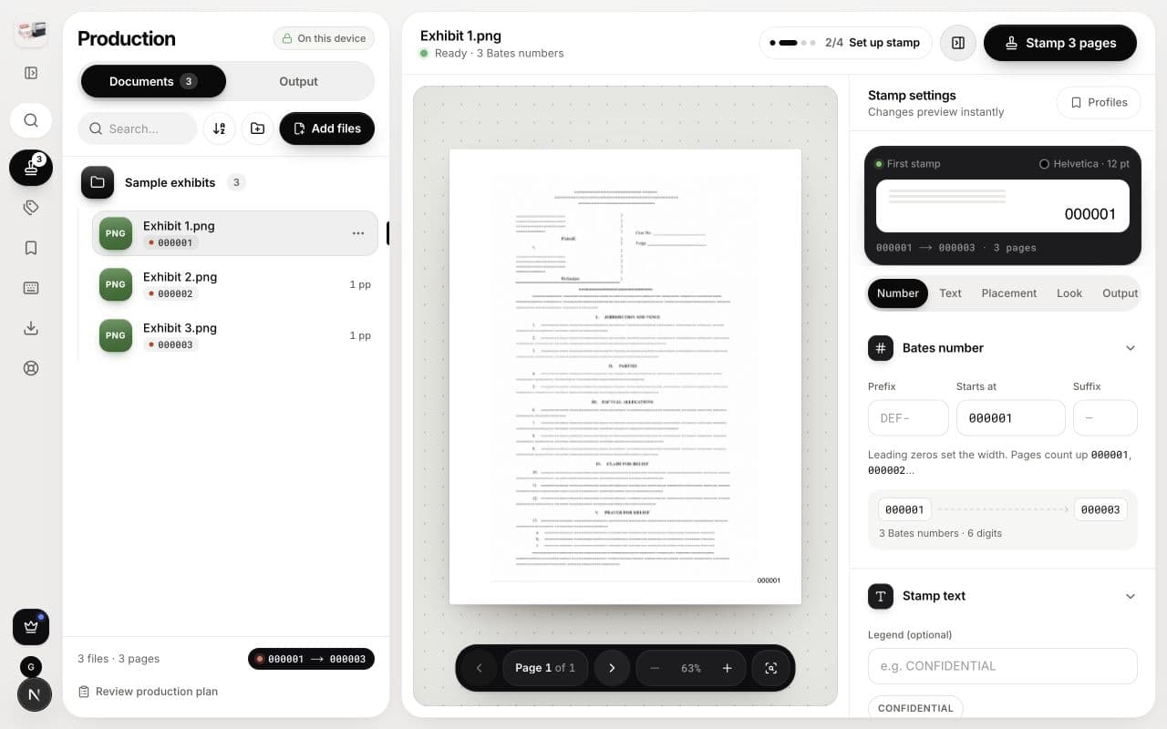 Illustrative BatesFast workspace with a PDF page preview and Number, Text, Placement, Look, and Output settings